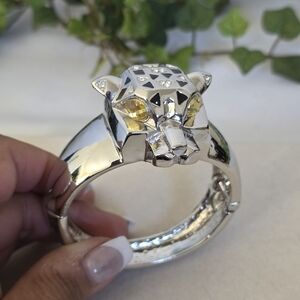 Vintage Statement Clamper Hinge Bracelet Silver CZ Panther